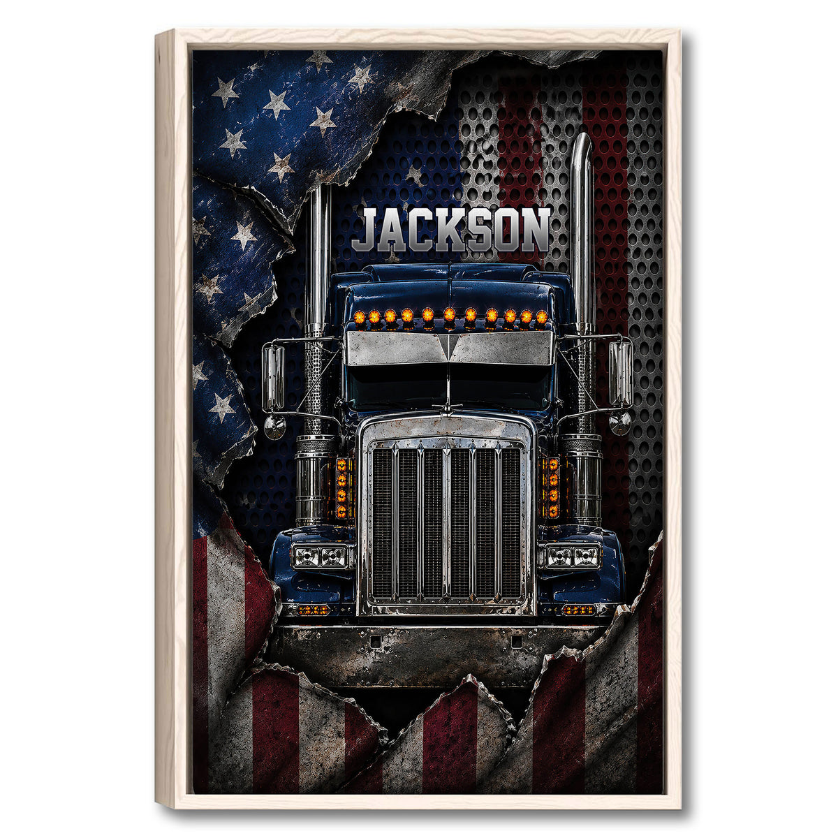 Framed trucker wall art featuring a chrome semi truck with bold navy, red, silver, and distressed flag-inspired details