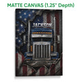 Matte canvas wall art featuring a detailed blue semi truck against a distressed navy, red, and silver background
