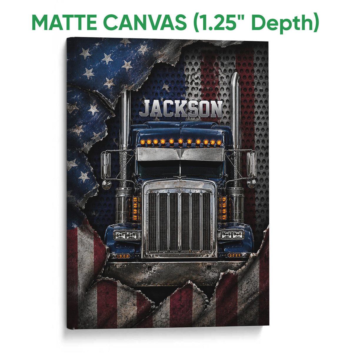 Matte canvas wall art featuring a detailed blue semi truck against a distressed navy, red, and silver background