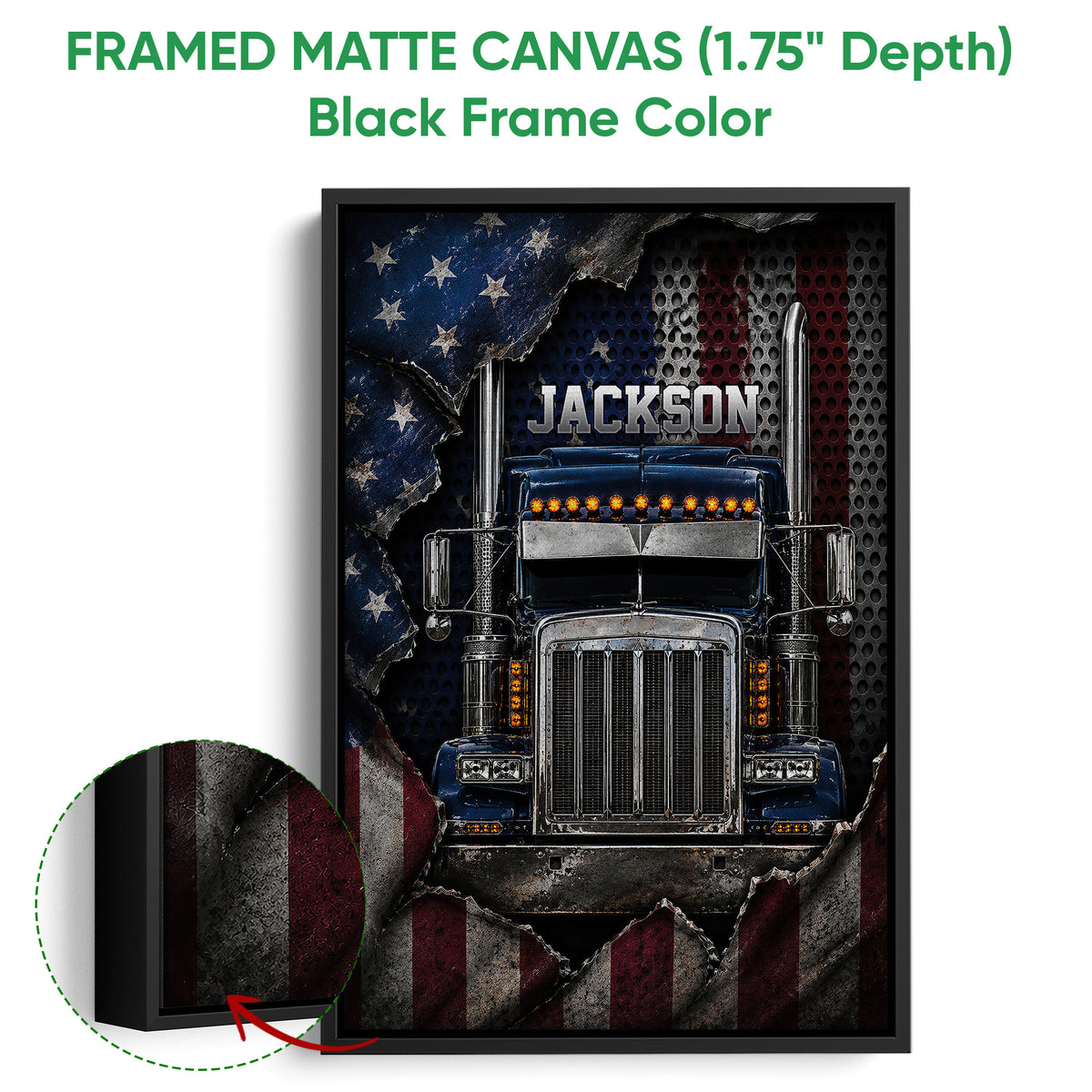 Framed matte canvas trucker wall art shown with a black frame and close-up of the deep framed edge