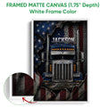 Framed matte canvas trucker wall art shown with a white frame and close-up of the frame detail