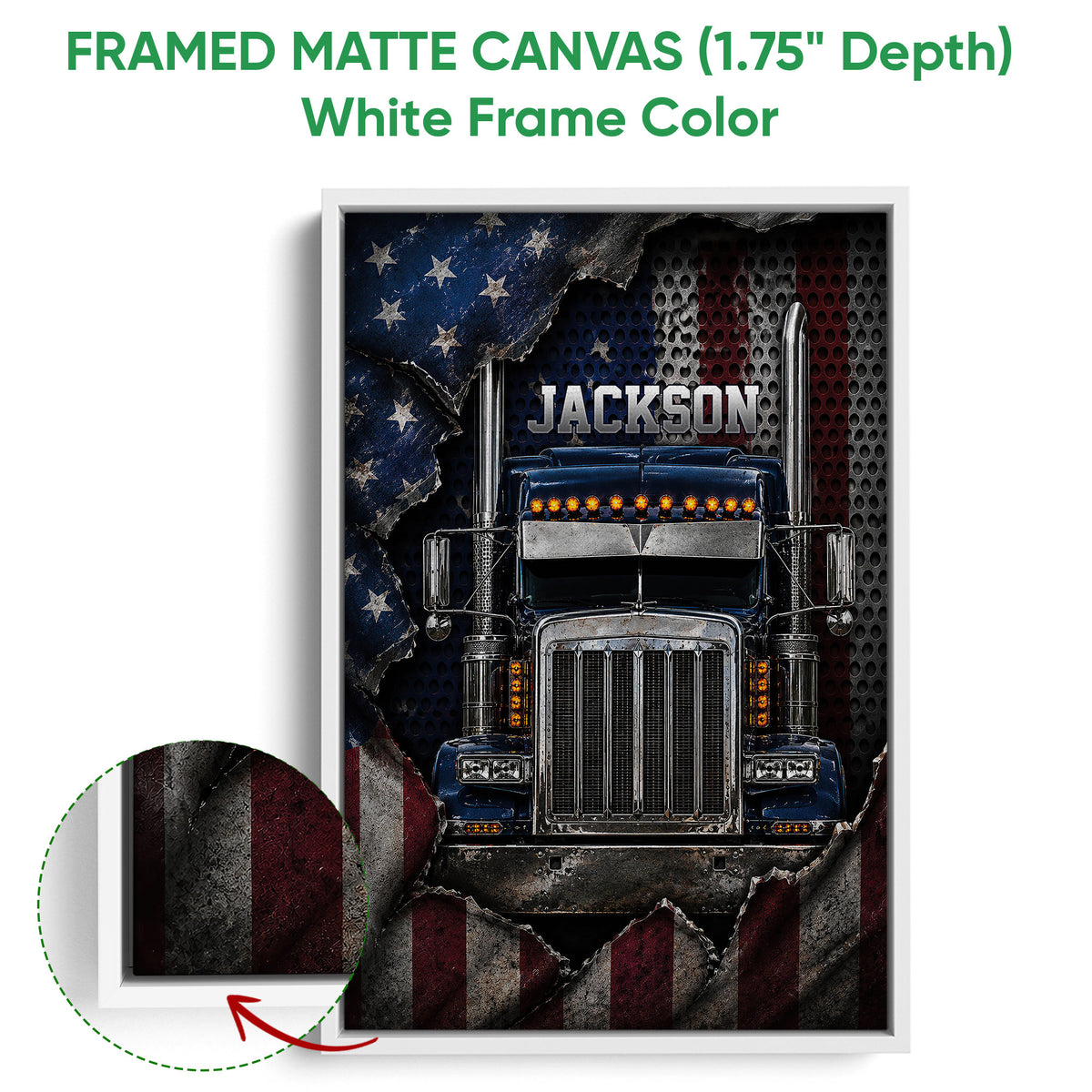 Framed matte canvas trucker wall art shown with a white frame and close-up of the frame detail