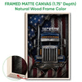 Framed matte canvas trucker wall art shown with a natural wood frame and close-up of the wood edge