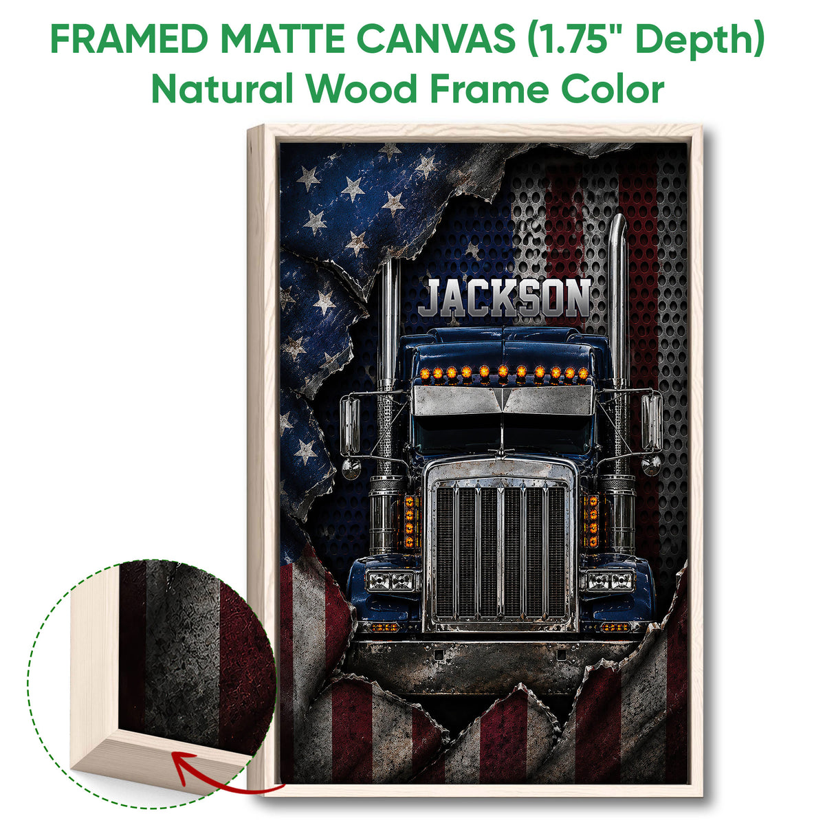 Framed matte canvas trucker wall art shown with a natural wood frame and close-up of the wood edge