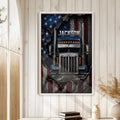 Framed semi truck wall art displayed on a light wood-paneled wall in a bright rustic-style interior