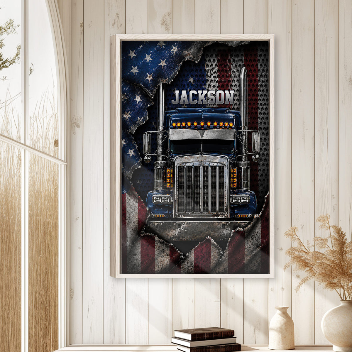 Framed semi truck wall art displayed on a light wood-paneled wall in a bright rustic-style interior