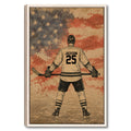 Framed hockey wall art showing a player on the ice against a distressed American flag background
