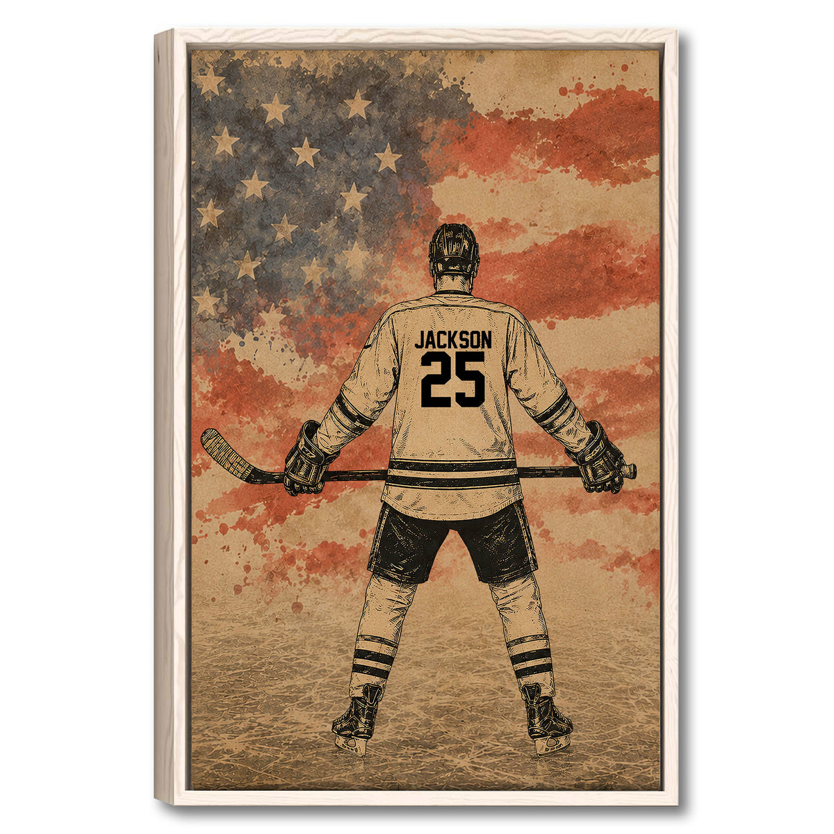 Framed hockey wall art showing a player on the ice against a distressed American flag background