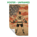 Unframed hockey poster featuring a player holding a stick against a vintage flag-inspired background