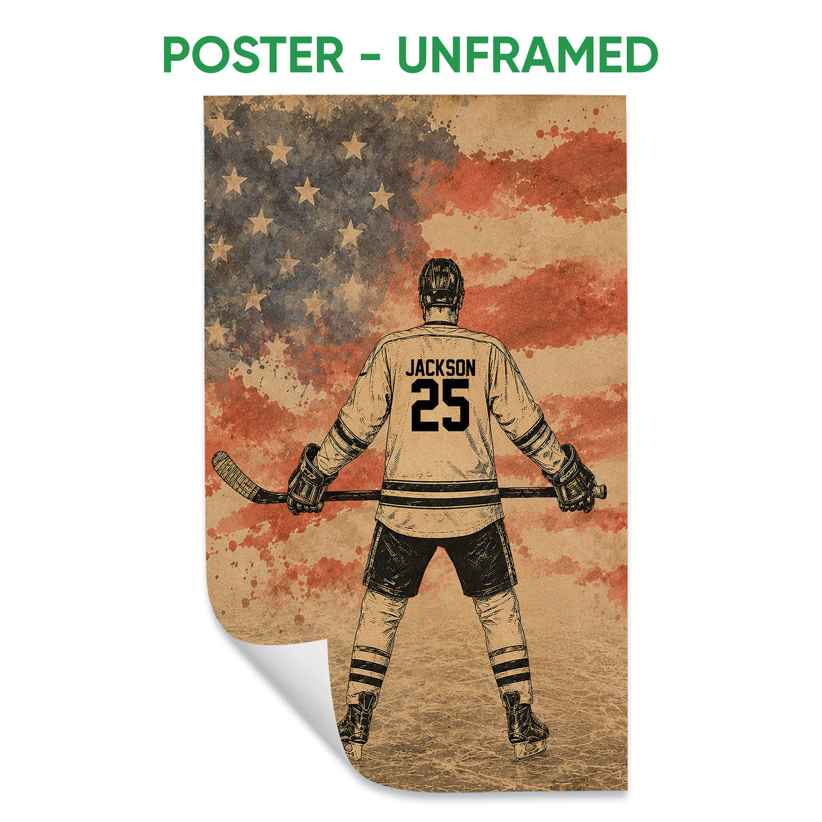 Unframed hockey poster featuring a player holding a stick against a vintage flag-inspired background