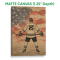 Matte canvas hockey wall art featuring a player on the ice with a distressed red, white and blue backdrop