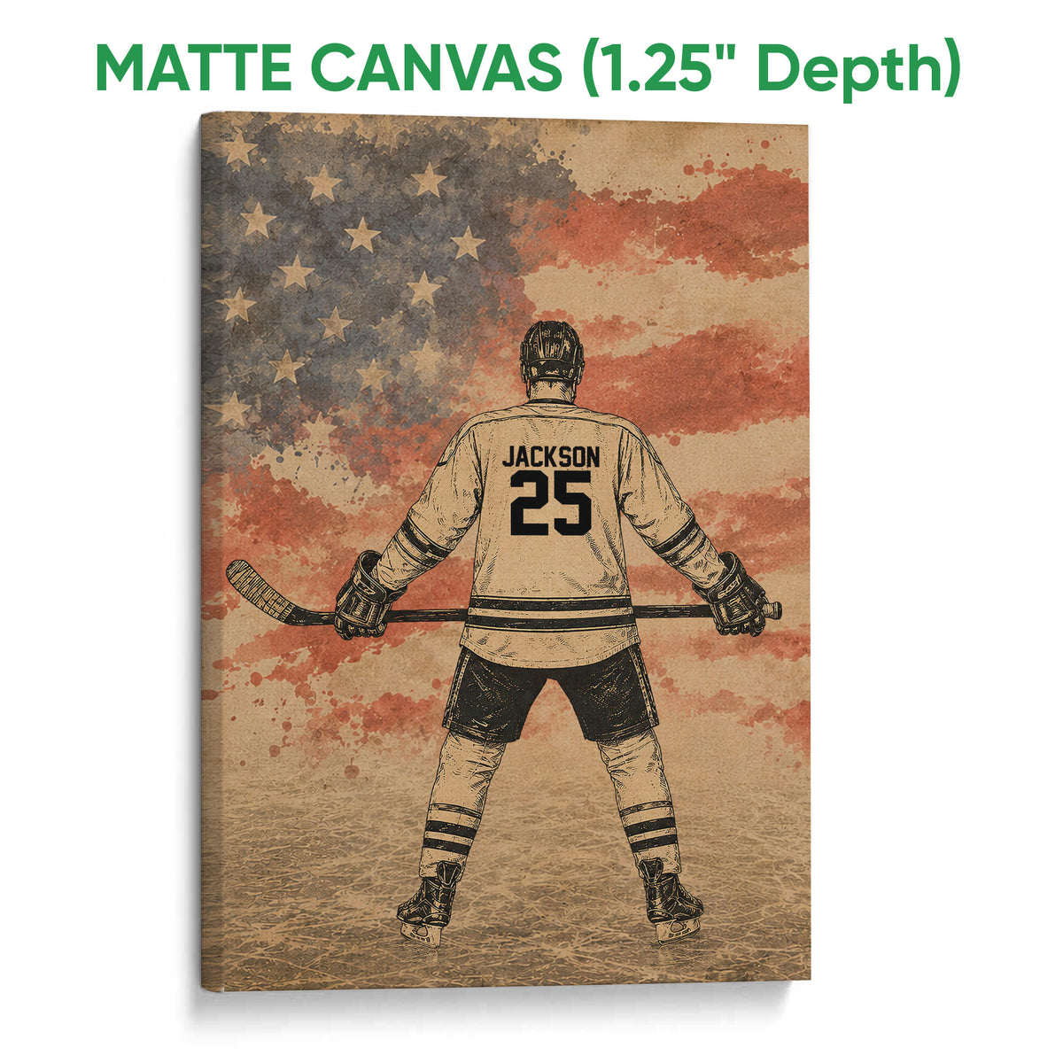 Matte canvas hockey wall art featuring a player on the ice with a distressed red, white and blue backdrop