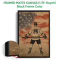 Black framed canvas hockey wall art with a player and stick against a distressed flag-inspired design