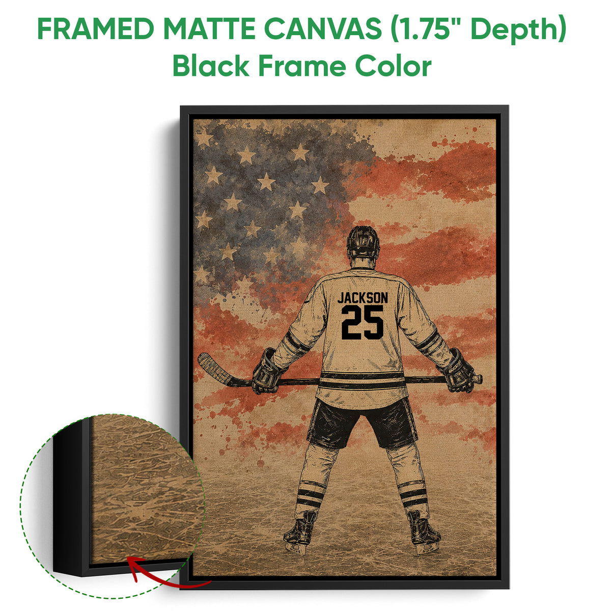 Black framed canvas hockey wall art with a player and stick against a distressed flag-inspired design
