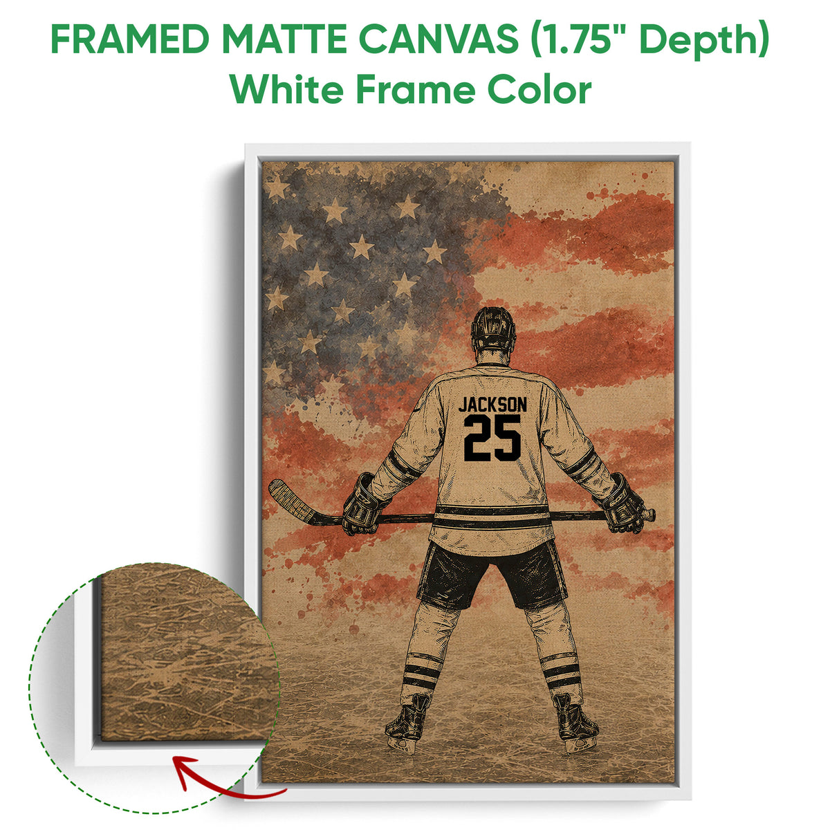 White framed canvas hockey wall art featuring an ice hockey player and textured patriotic backdrop