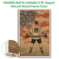 Natural wood framed hockey wall art showing a player on the ice in a rustic flag-inspired design