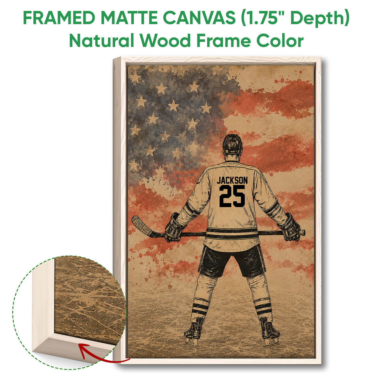 Natural wood framed hockey wall art showing a player on the ice in a rustic flag-inspired design