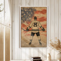 Framed hockey wall art displayed on a bright paneled wall in a cozy home interior