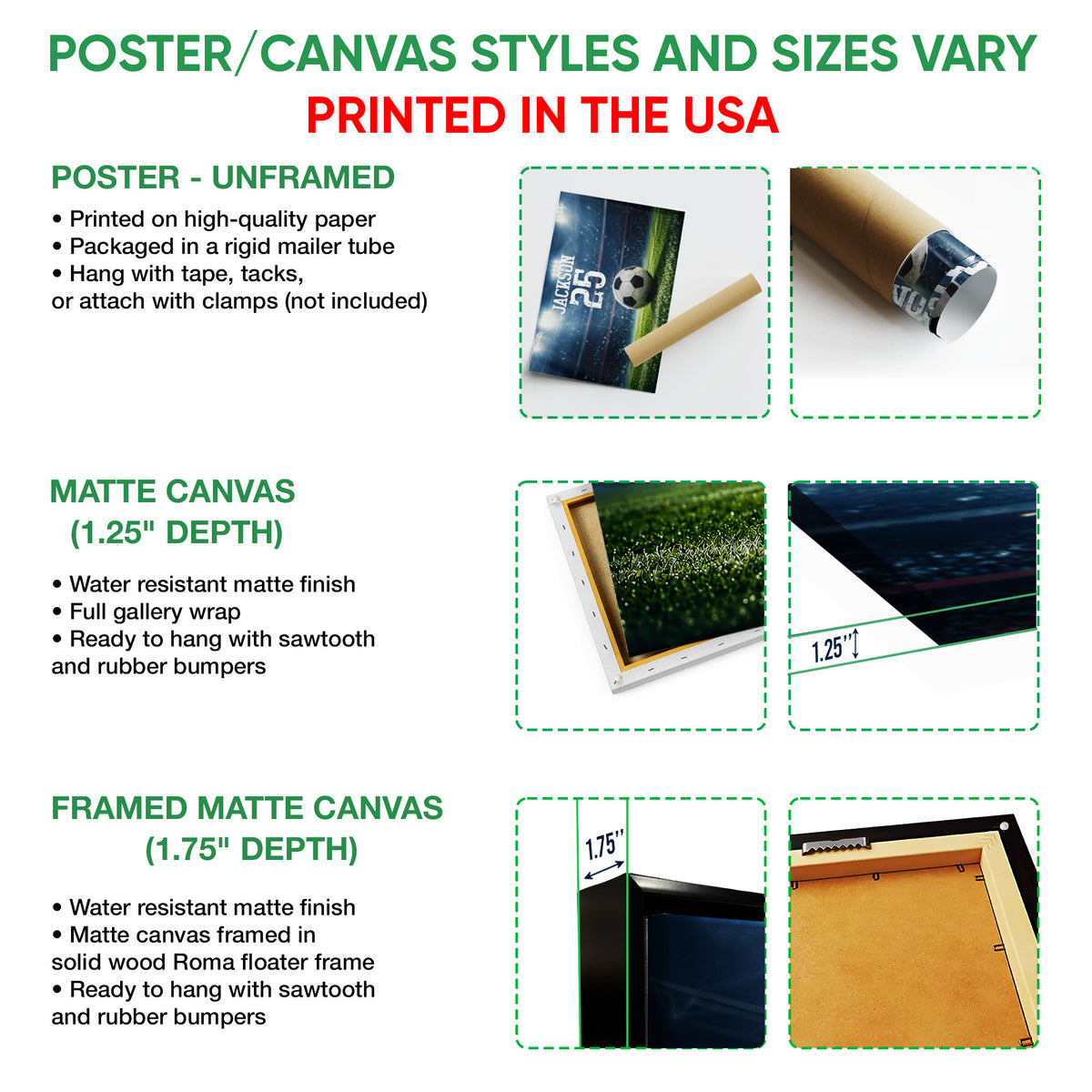 Soccer wall art format guide showing poster, matte canvas and framed canvas options