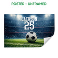 Unframed soccer poster featuring a ball on a green field under stadium lights
