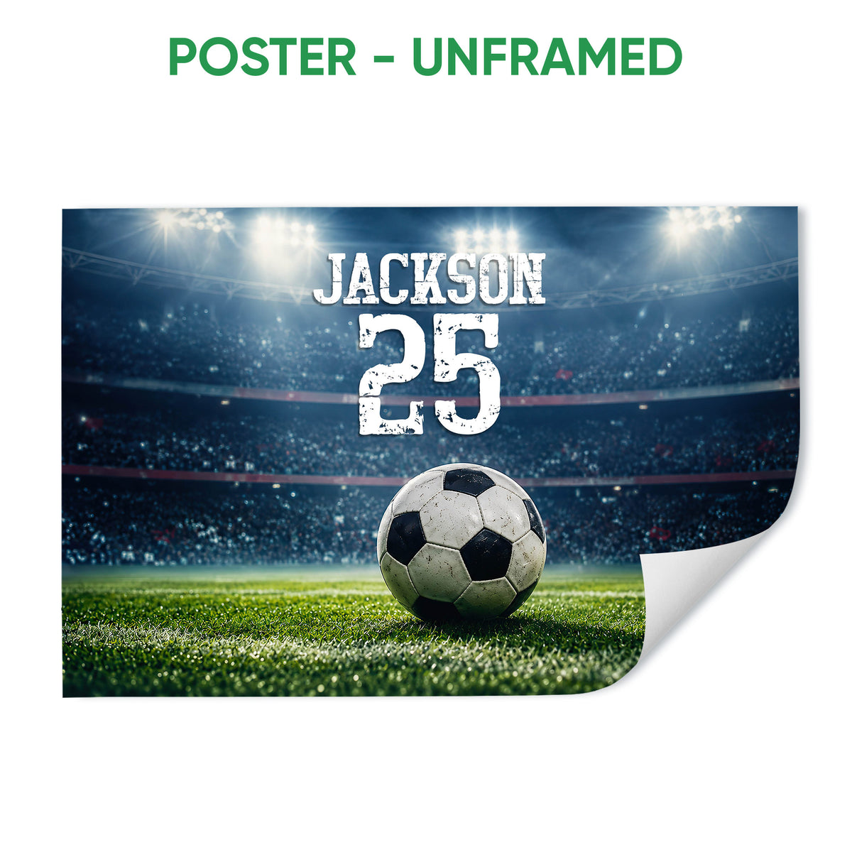 Unframed soccer poster featuring a ball on a green field under stadium lights