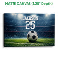 Matte canvas soccer wall art showing a stadium field, ball and vibrant green grass