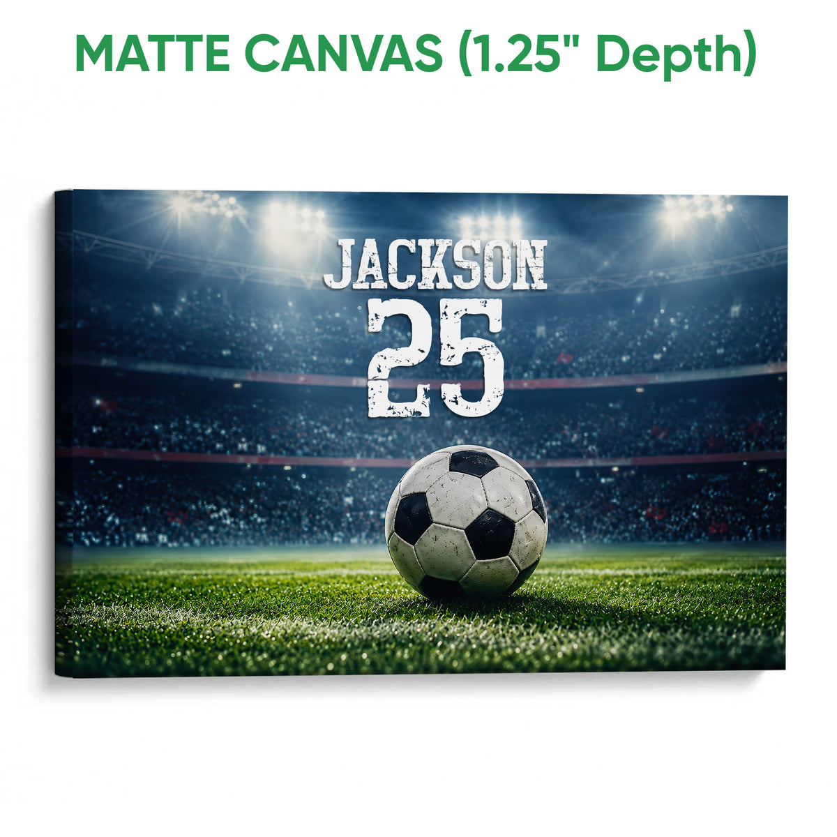Matte canvas soccer wall art showing a stadium field, ball and vibrant green grass