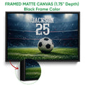 Black framed soccer canvas wall art with a stadium field and close-up edge detail
