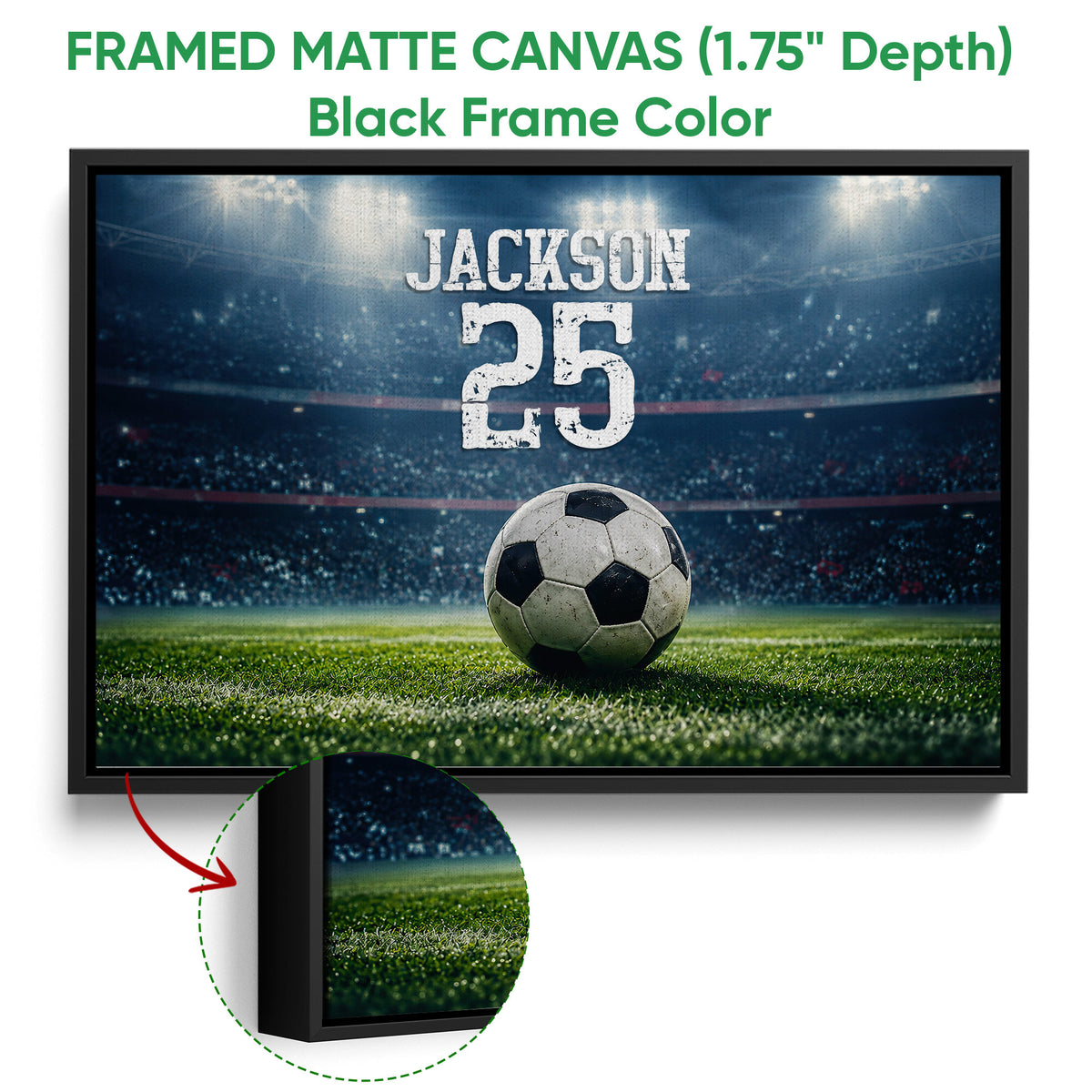 Black framed soccer canvas wall art with a stadium field and close-up edge detail