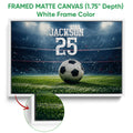 White framed soccer canvas wall art with a stadium field and close-up frame detail