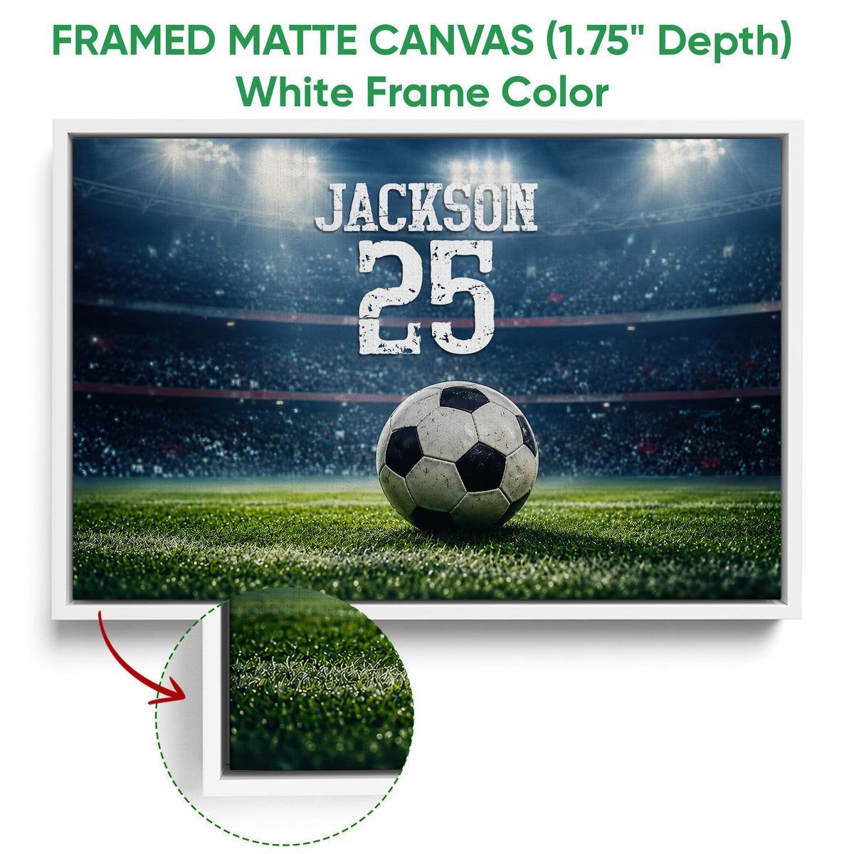 White framed soccer canvas wall art with a stadium field and close-up frame detail