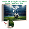Natural wood framed soccer canvas wall art with a stadium field and detailed frame edge