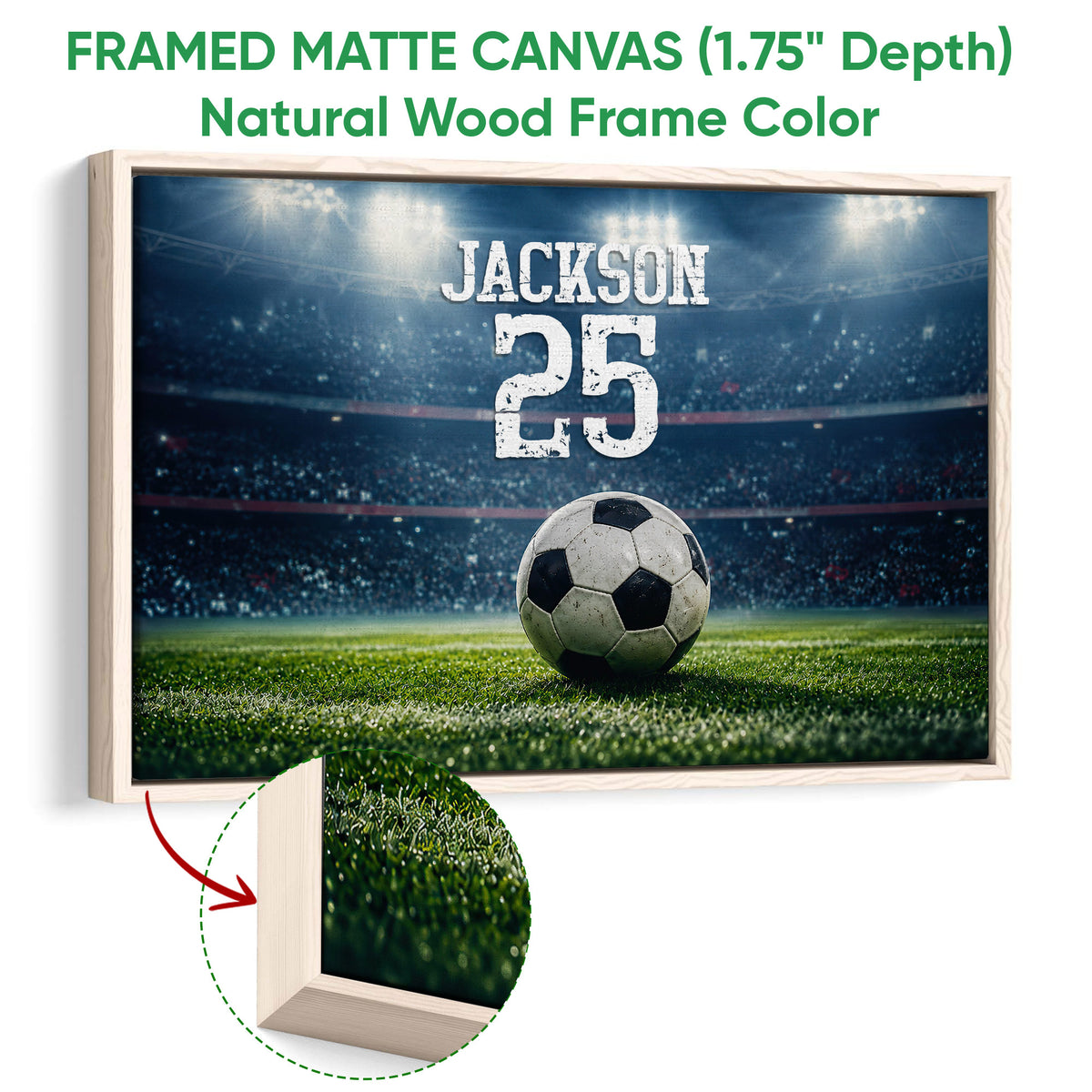 Natural wood framed soccer canvas wall art with a stadium field and detailed frame edge