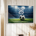Framed soccer wall art displayed on a light wood-paneled wall in a home interior