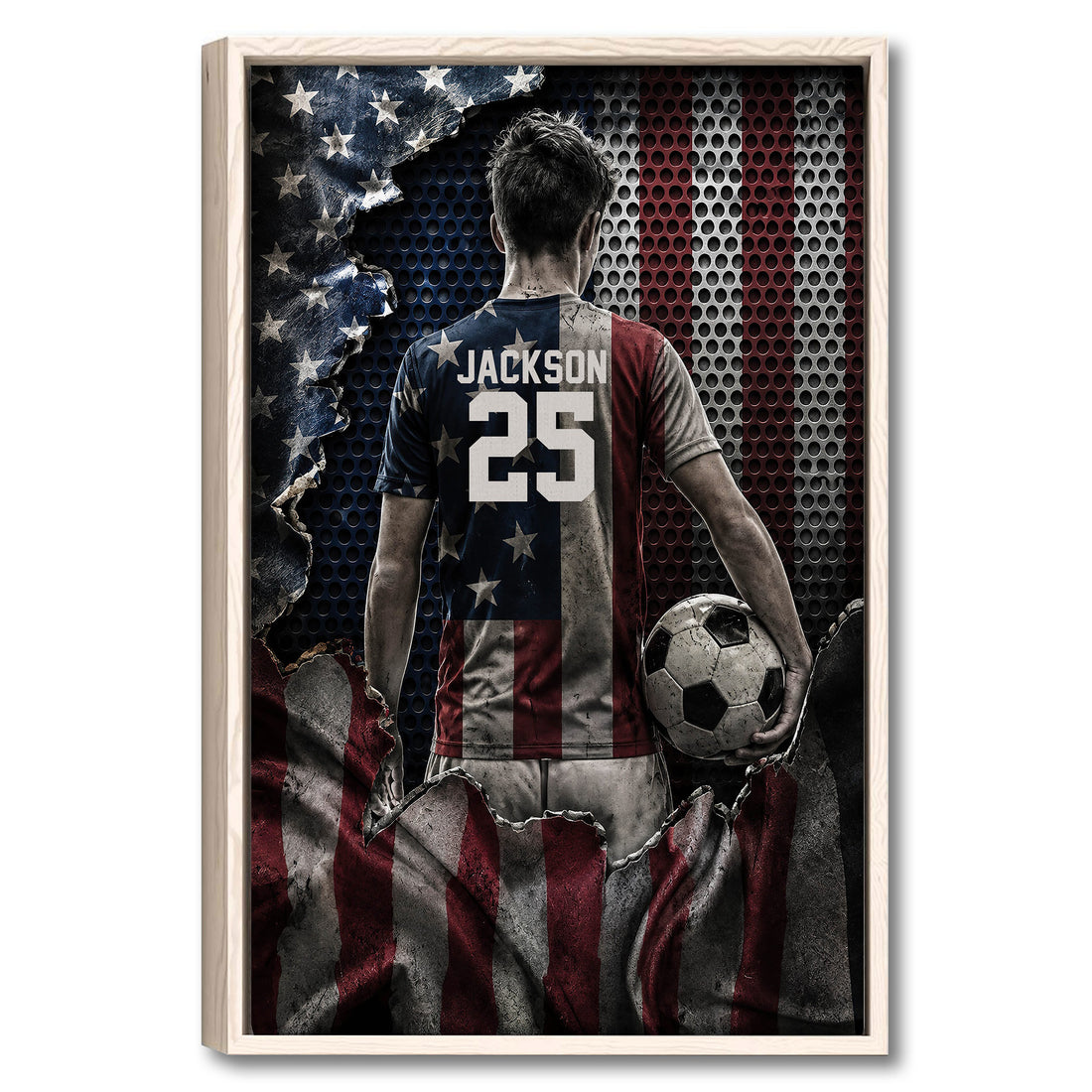 Framed soccer wall art featuring a player with a ball against a distressed American flag background