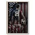 Framed soccer wall art featuring a player with a ball against a distressed American flag background