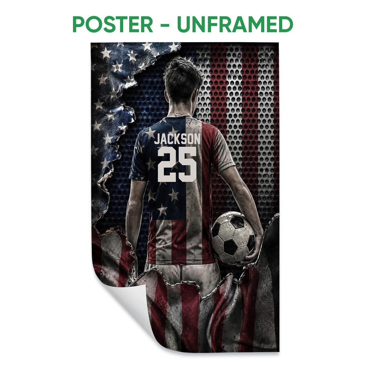 Unframed soccer poster featuring a player holding a ball with a bold red, white, and blue theme