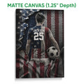Matte canvas soccer wall art featuring a player and ball in a dramatic patriotic design