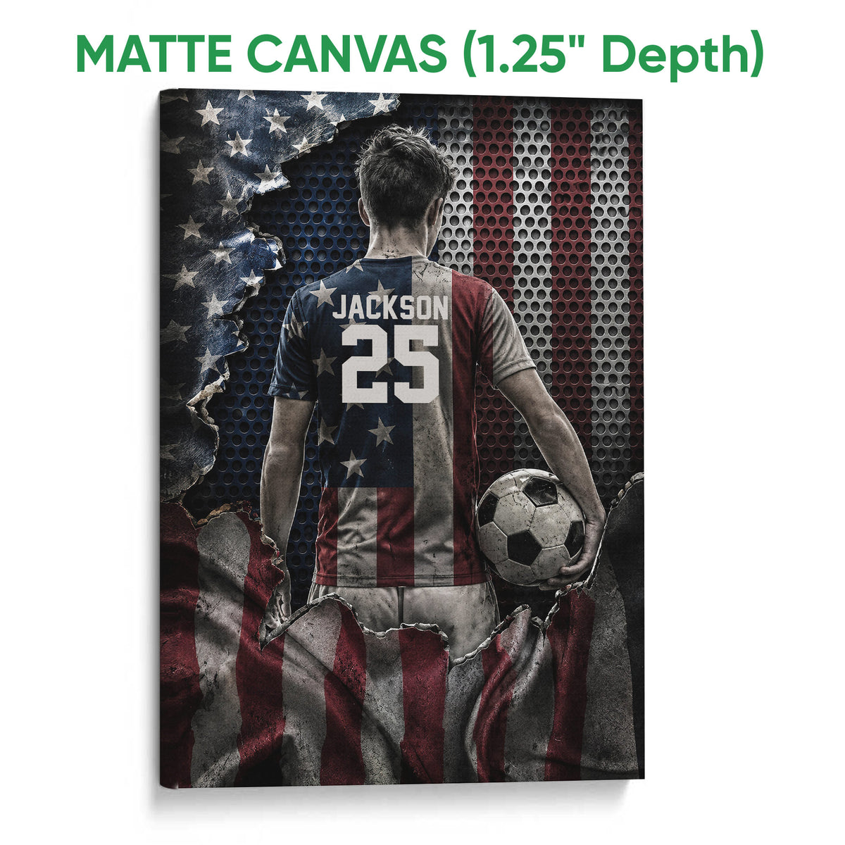 Matte canvas soccer wall art featuring a player and ball in a dramatic patriotic design