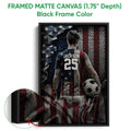 Framed matte canvas soccer wall art shown with a black frame and close-up edge detail