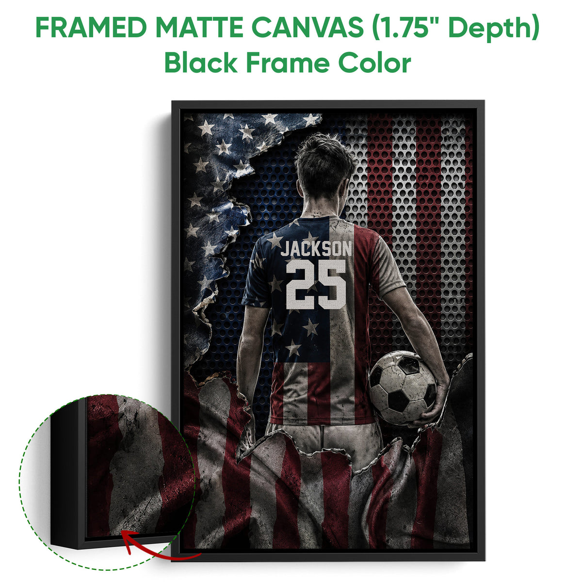 Framed matte canvas soccer wall art shown with a black frame and close-up edge detail