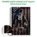 Framed matte canvas soccer wall art shown with a white frame and close-up edge detail
