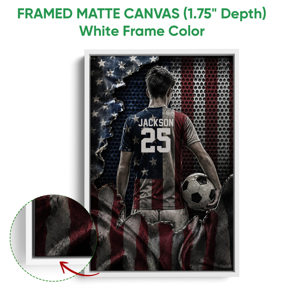 Framed matte canvas soccer wall art shown with a white frame and close-up edge detail