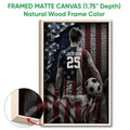 Framed matte canvas soccer wall art shown with a natural wood frame and close-up edge detail