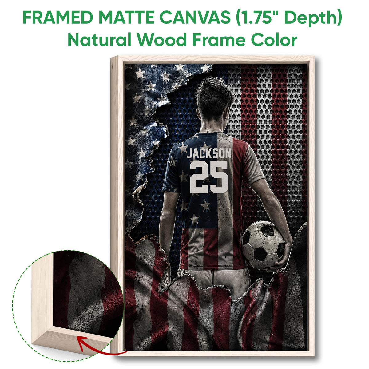 Framed matte canvas soccer wall art shown with a natural wood frame and close-up edge detail