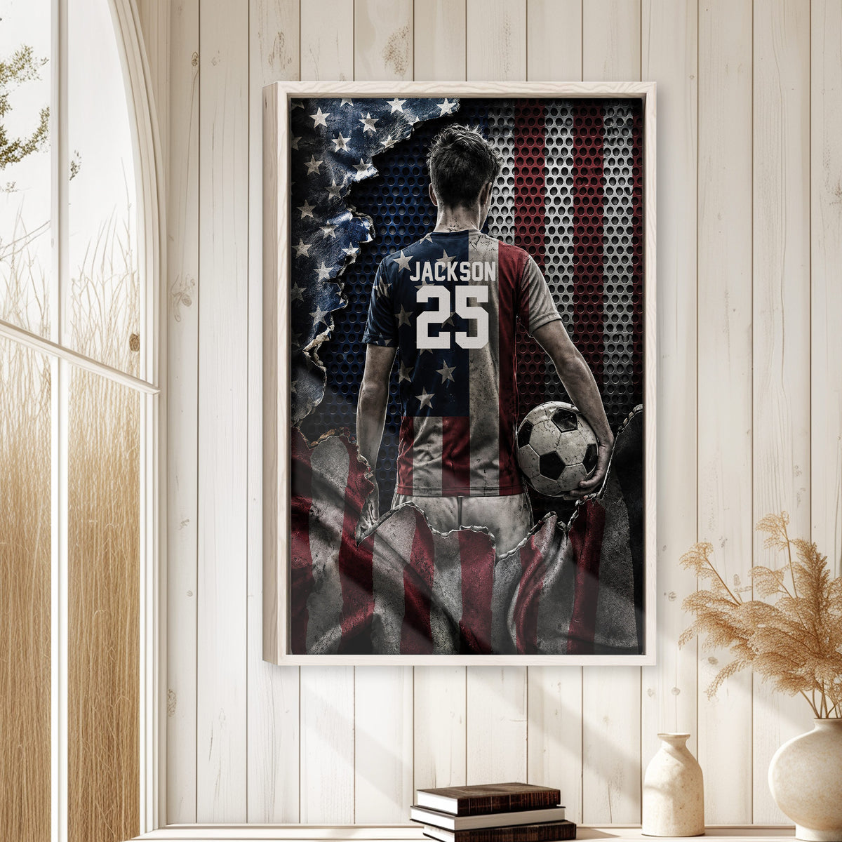 Framed soccer wall art displayed on a light paneled wall in a bright home interior