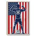 Framed soccer wall art showing a player with a soccer ball against a red, white, and blue flag design