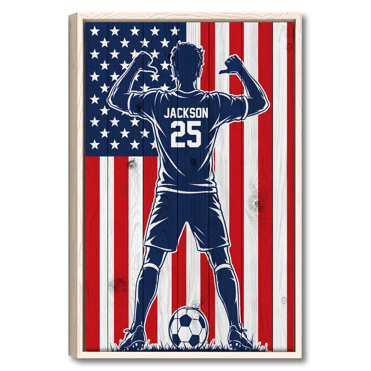 Framed soccer wall art showing a player with a soccer ball against a red, white, and blue flag design