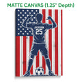 Matte canvas soccer wall art featuring a player and ball with a red, white, and blue flag design