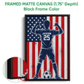 Framed soccer canvas wall art shown with a black frame and close-up of the frame edge